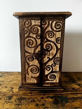 Hand-Carved Wooden Cabinet Box in Brown